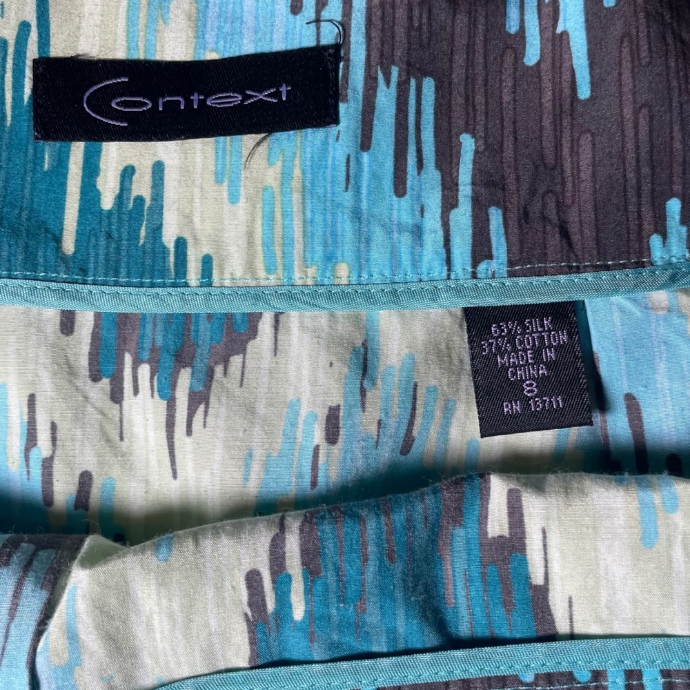 Context Silk Cotton Ikat Print A-Line Skirt Turquoise Green Grey Size 8 Mod - Picture 3 of 5